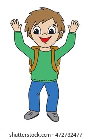 Happy young pupil, boy with school backpack, isolated vector