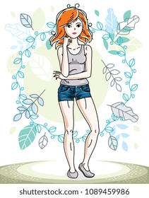 Happy young red-haired woman posing on background of spring landscape and wearing casual clothes. Vector attractive female illustration. Springtime fashion and lifestyle theme cartoon.