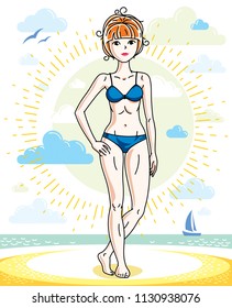 Happy young redhead woman posing on tropical beach and wearing blue swimsuit. Vector attractive female illustration. Summer vacation lifestyle theme cartoon.