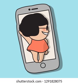 Happy Young Relaxing Woman Floating On Water With Smart Phone Inflatable Ride-On Pool Float Or Raft. Vacation Concept Card Character illustration