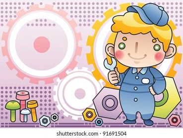 Happy Young Repairman with a smile - Customer Service Center on driving gears background