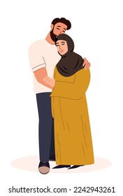 Happy Young Romantic Muslim Couple zusammen.Arabian Ehefrau in Hijab, Ehemann umarmt einander.Unterstützung, warme Beziehungen.Familien Menschen vertrauen einander.Wahre Liebe.Lächelnde Frau, Mann.Vektorgrafik