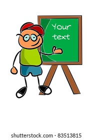 Happy young schoolboy and green blackboard - vector