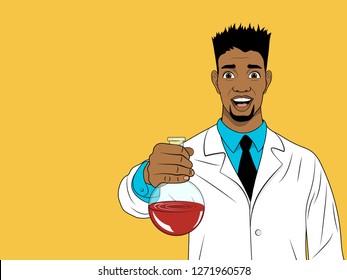 Happy young scientist holding a flask with a chemical reagent. Yellow background. Advertising poster. Vector illustration in pop art style