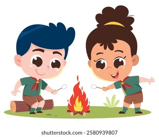 Happy Young Scouts Roasting Marshmallows by the Campfire Illustration