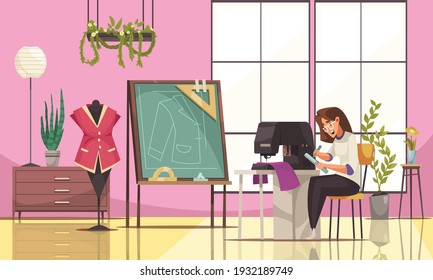 Happy Young Seamstress Using Sewing Machine In Modern Studio Cartoon Vector Illustration