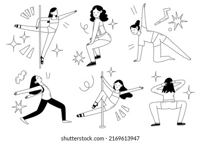 Happy young set of female cartoon characters. Smiling dancers moves and training. Hobby and entertainment. Hand drawn outline vector illustration.