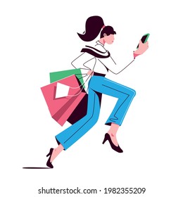 happy young shopping woman in trousers and high heels running with bags and looks into the phone, concept of sale, bestseller, informing by mobile app. Vector illustrstion isolated on white background