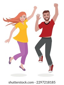 Happy, young, slim, sporty love couple in a fashionable outfit. Jumping bearded man and redhead woman, smiling and raising their arms. Isolated comic vector illustration on white background.
