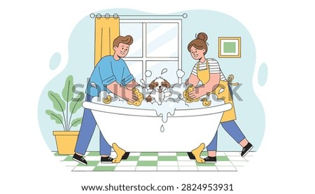 Happy young smiling couple washes their cute pet dog in a bubbly bathtub with yellow sponges inside a cozy bathroom.