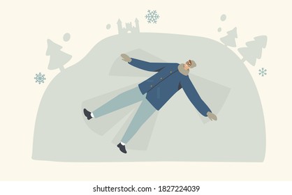 Happy Young Smiling Man Character Lying Down on Snow-covered Ground Making Snow Angel Spreading Arms and Legs Having Fun. Winter Entertainment, Leisure and Outdoor Activity. Linear Vector Illustration