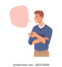 Feliz joven sonriente y discusión vacía de la caja de chat, ilustración plana de dibujos animados. Vector gran burbuja de voz en blanco, chat de pensamiento, comunicación y signo de diálogo. Pensamiento, cita y opinión