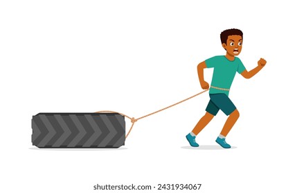 happy young sporty man running and pulling wheel