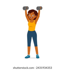 happy young sporty woman doing barbell lifting