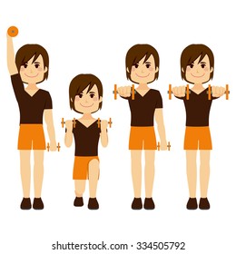 Happy young strong man doing different dumbbell exercises