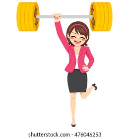 Happy young strong super powerful businesswoman lifting up barbell golden dollar coin weight with one arm