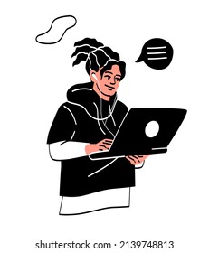 Happy young student concept. Happy smiling guy with headphones holding laptop and preparing for lesson at school or university. Smart character. Cartoon flat vector illustration in doodle style