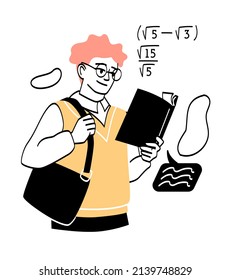 Feliz concepto de estudiante joven. Un tipo sonriente con una mochila sobre sus hombros sostiene libros y estudia fórmulas matemáticas. Estudios de carácter en la universidad. Dibujo vectorial plano de caricatura en estilo doodle