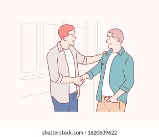 Happy young student giving a handshake to his classmate. Hand drawn style vector design illustrations.