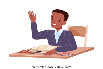 Happy young student raises hand to answer teachers question in class. Boy pupil sitting at table with open textbook to study at school lesson, funny kid raising arm cartoon vector illustration