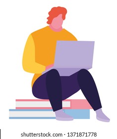 Happy young student sitting on books and using laptop. Vector illustration in a flat cartoon style