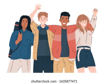 Happy young students in casual clothes embracing each other, waving hands. Cheerful teenage girls and boys  - Shutterstock ID 1635877471