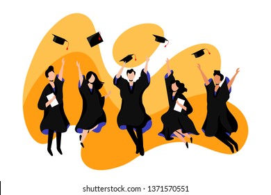 Happy young students graduate from university or college. Vector flat illustration. Exams, education and graduation concept.