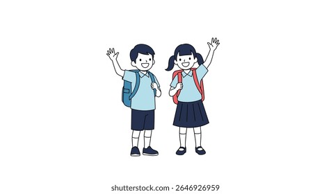 Happy Young Students Wearing Backpacks Waving Hello Welcoming First Day of School Celebration