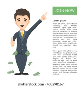 Happy young Successful Businessman with pockets full of money pressing join now button. Technology and internet business concept. Vector cartoon illustration for web design banner and print