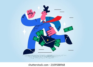 Happy young successful businessman run with suitcase full of money. Smiling male employee or worker hurry to office. Theft of bribe, corruption concept. Flat vector illustration. 