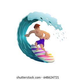 Happy Young Surfer Guy Character On The Crest Wave Isolated On White Background. Vector Illustration.