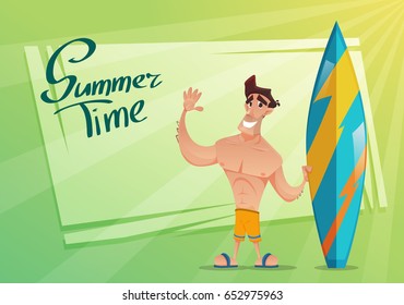 Happy young surfer guy character with surfboard. Vector illustration of Poster summer time.