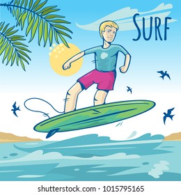 Happy young surfer guy on the crest wave, flat illustration