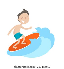 Happy young surfer guy on the crest wave, flat illustration