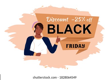 Happy young tanned man wears pink knitted hat, headphones, longsleeve and thumbs up. Lettering Black Friday sale. Cheerful boy with dreadlocks. Advertising slogan, announcement discount