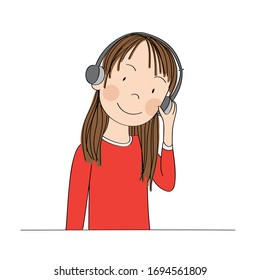 Happy young teenage girl listening to music with headphones on her ears, smiling happily - original hand drawn illustration