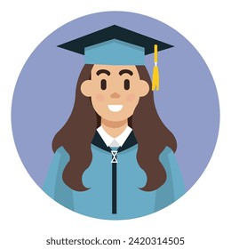 Happy young teenage girl with long hair, graduated and holding a diploma. Empowered woman, academic achievement, scholarship ceremony. Vector illustration of a successful graduate.