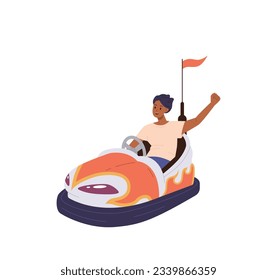 Happy young teenager boy riding bumper car in amusement park vector illustration isolated on white