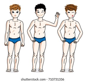 Happy young teenager boys posing in blue underwear. Vector kids illustrations set. Childhood and family lifestyle clip art.