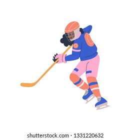 Happy young teenager girl in cage helmet with stick playing ice hockey game