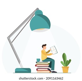 Happy young tiny man reading book under the lamp with a cup of coffee, hoobies concept, education concept, flat vector illustration