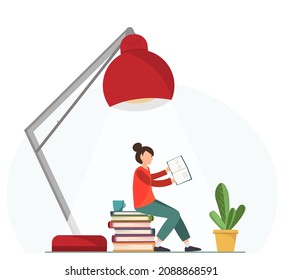 Happy young tiny woman reading book under the lamp with a cup of coffee, hoobies concept, education concept, flat vector illustration