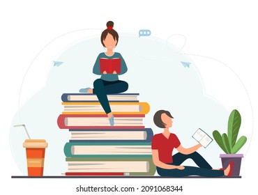 Happy young tiny women, girls reading books with a cup of coffee and house plant on the background, hoobies concept, education concept, flat vector illustration