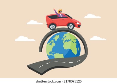 Happy Young Tourist Travel The World By Car. World Tourism Day Concept. Colored Flat Cartoon Vector Illustration.