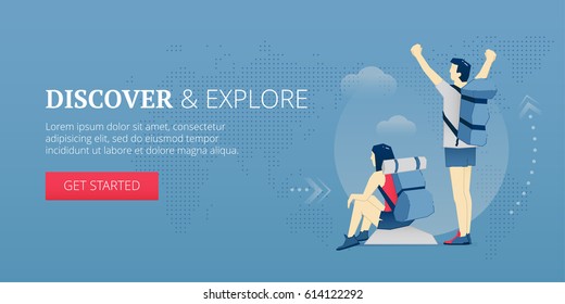 Happy young travelers are on a peak of a mountain. Vector illustration of vacation. Banner template of discovering and exploring