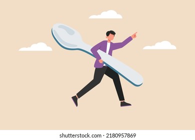 Happy young use spoon for eating. Eating activity concept. Colored flat graphic vector illustration.