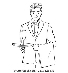 happy young waiter holding glass champagne and towel