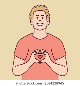 Happy young white man with short blonde hair making a heart gesture with his hands. Cheerful expression