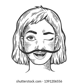 Happy young winking woman with long mustache sketch engraving vector illustration. Scratch board style imitation. Hand drawn image.