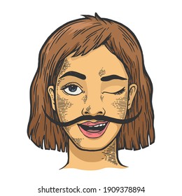 Happy young winking woman with long mustache color sketch engraving vector illustration. Scratch board style imitation. Hand drawn image.